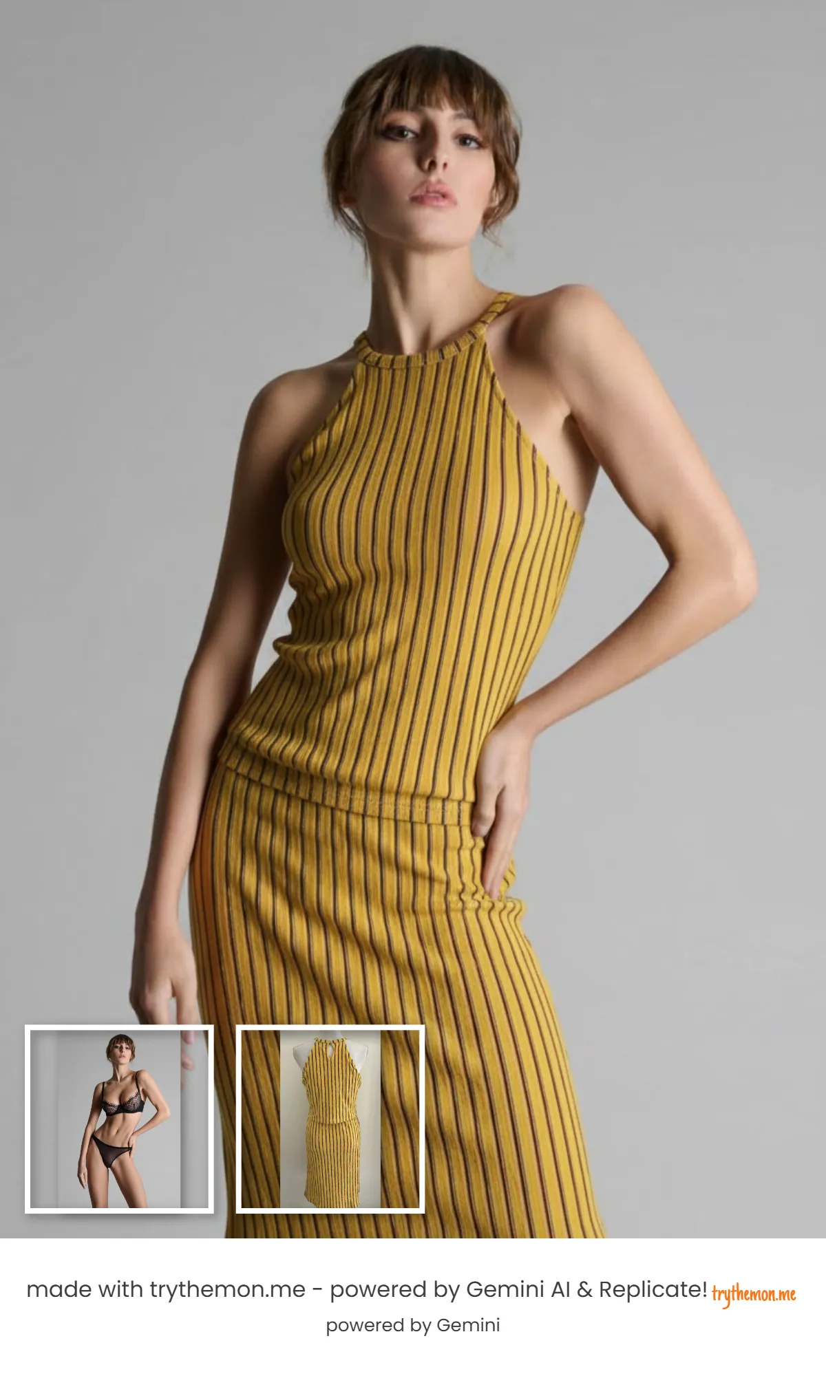 AI visual try-on preview of a denim dress generated with TryThemOn.Me